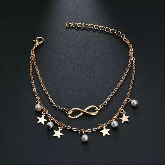 Infinity Pearl Star Boho Gold Toned Anklet - Picture 4 of 5